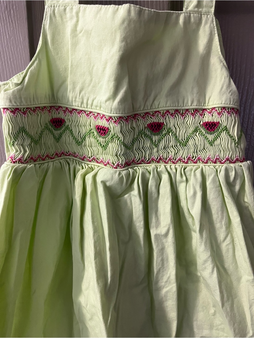 Green Smocked Sundress with Watermelon Embroidery